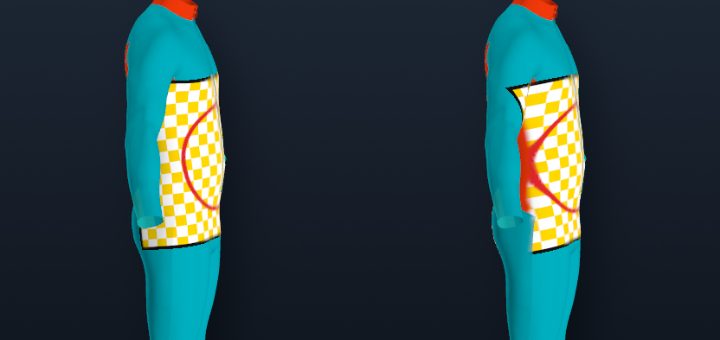 The same checked graphic seen from the side: wrapped (left) keeps even squares round the side; projected (right) stretches there